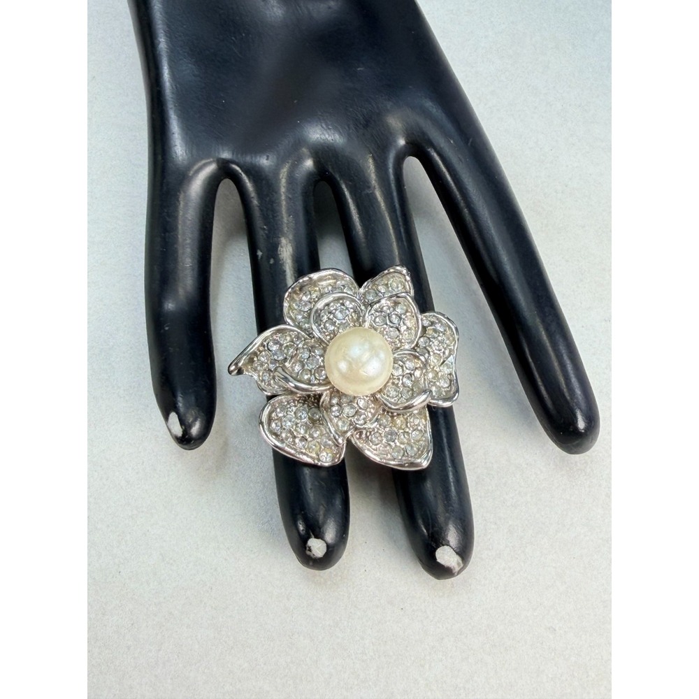 Vintage Rhinestone Pearl Flower Brooch Silver Tone Layered Floral Statement Pin